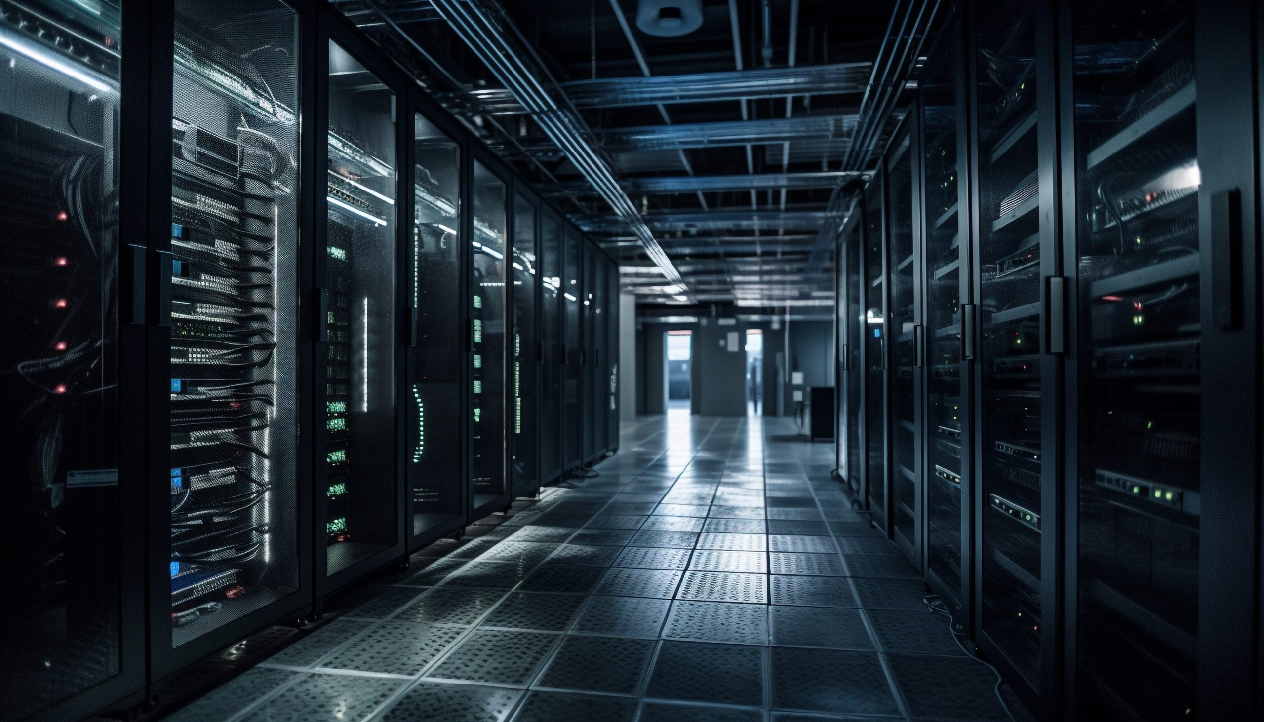 Futuristic computer lab equipment in a row generated by artificial intelligence